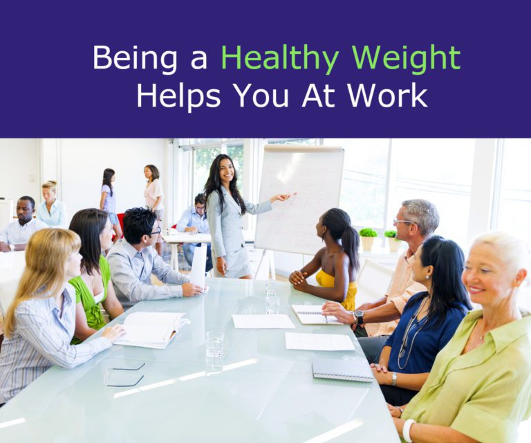 A picture of coworkers in an office looking happy at a presentation with the phrase "Being-a-Healthy-Weight-Helps-You-At-Work"