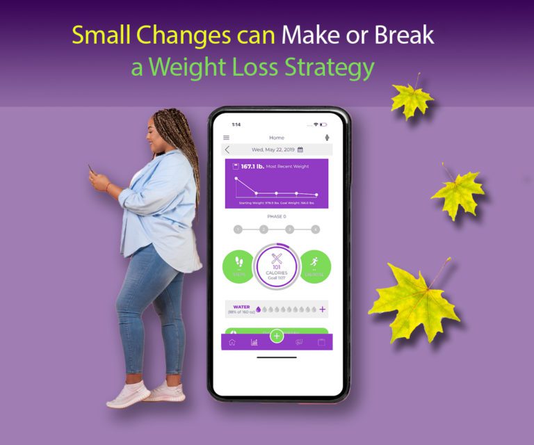 Ayoung black woman smiling typing in a celular. The picture of the screen in her celular is in her back at the same size of her body. 3 yellow leaves falling with the phrase How Small Changes can Make or Break a Weight Loss Strategy"