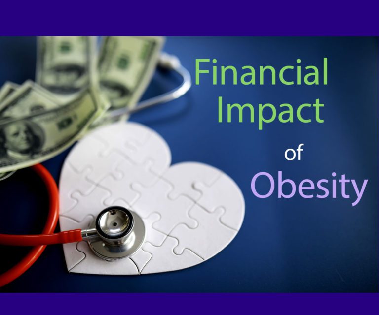 A white heart puzzle with an stethoscope and hundred dollar bills.The tille is "Financial Impact of Obesity"