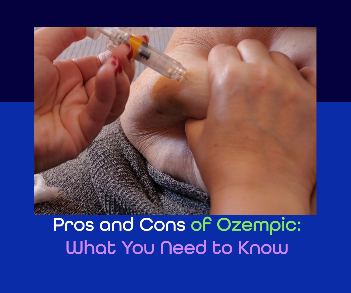a picture of somebody injected by a syringe and the title "Pros and Cons of Ozempic: What You Need to Know"